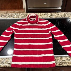 LOFT Red and White Striped Turtleneck Sweater